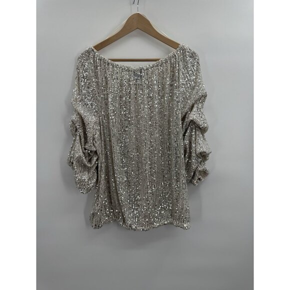 Cece Women XLarge Sequin Silver Blouse 3/4 Sleeve Lantern Elastic Waist Glam - Picture 2 of 11